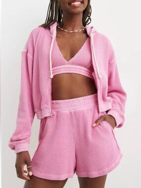 Aerie Pink Cropped Waffle Knit Zip Up Hoodie Size Small